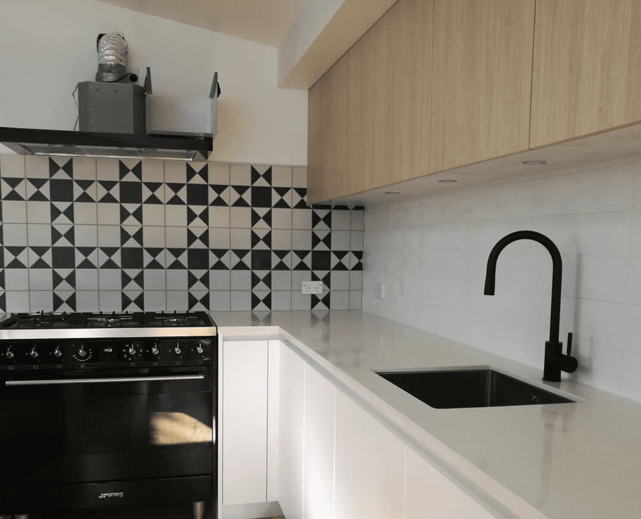 Modern kitchen with geometric backsplash tiles