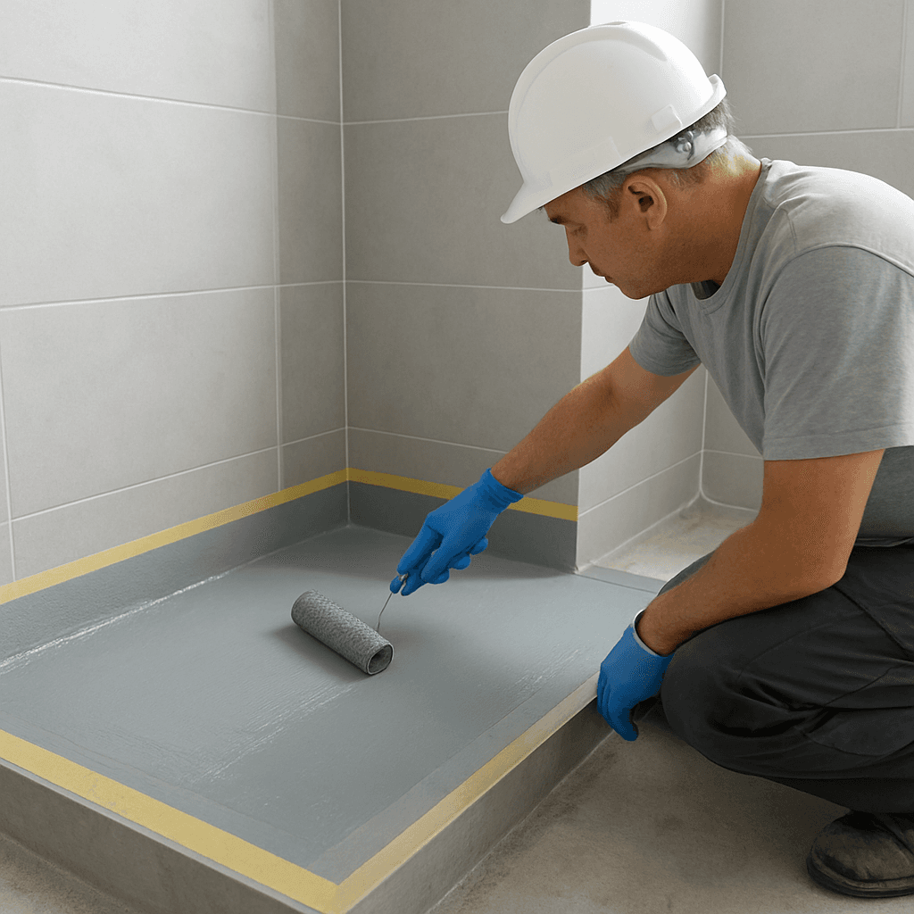 A waterproofing membrane being applied to a wet area before tiling