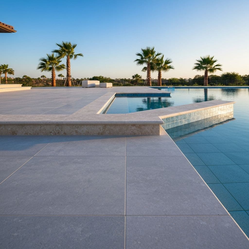 Modern pool patio with premium coping and tiled deck area