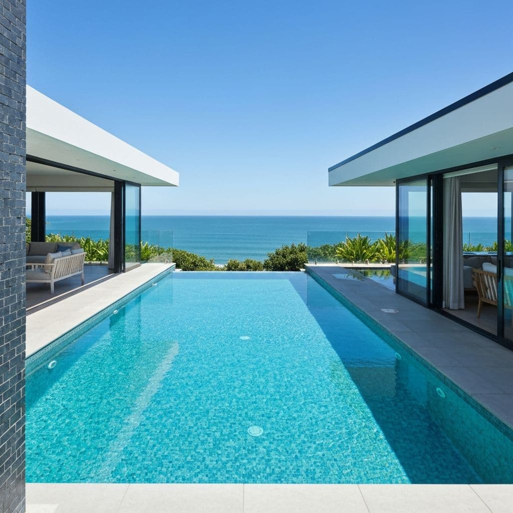 Coastal New Zealand pool with turquoise mosaic tiles and ocean views