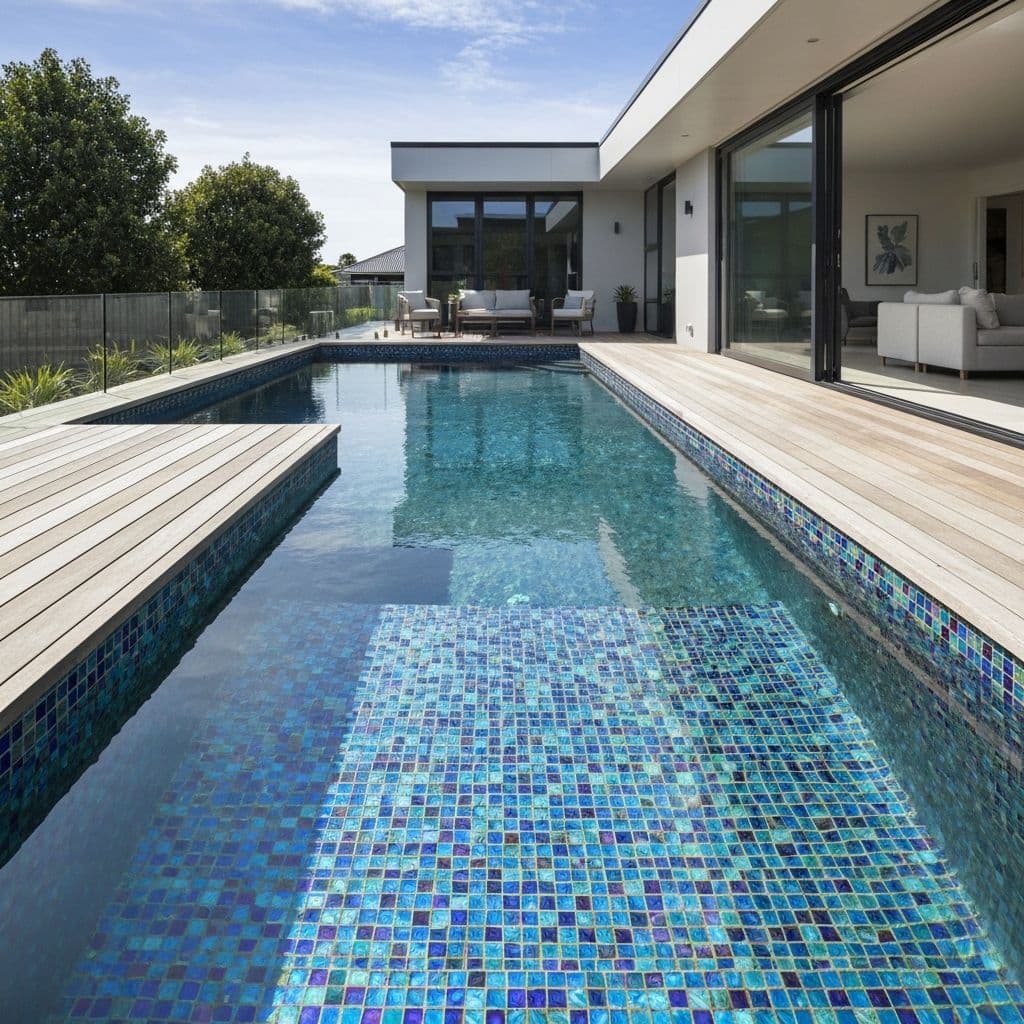 Modern New Zealand pool with premium glass mosaic tiles and timber deck