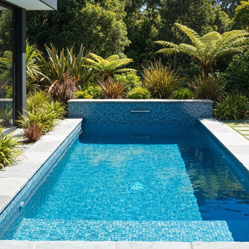 New Zealand outdoor pool with blue mosaic tiles and native landscaping