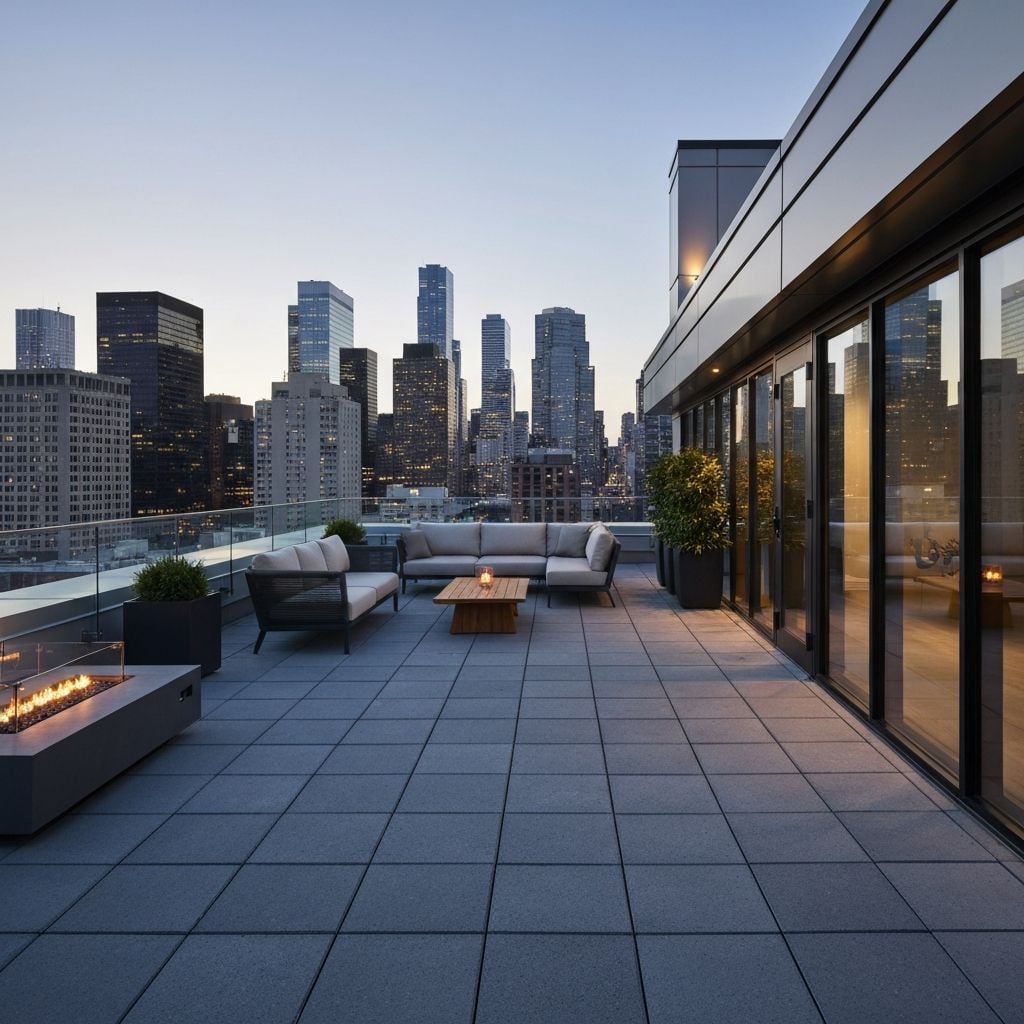 NuraGrid raised decking system with tiles and pedestals